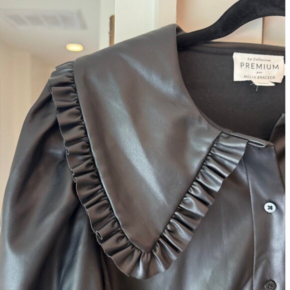 Molly Bracken Premium Faux Leather Puff Sleeve Ruffle Collar Blouse | M - Picture 2 of 7